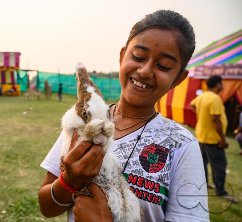 A young village girl and her brother visit the fair with their pet rabbit