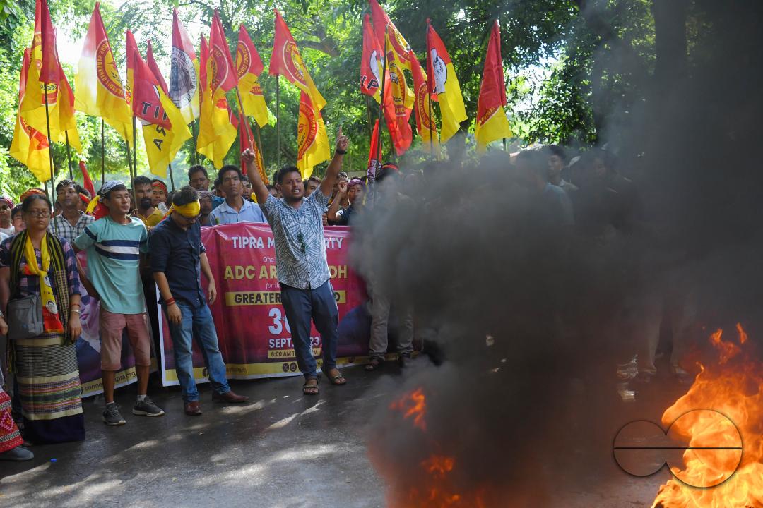 The âTipraha Indigenous Progressive Regional Alliance (TIPRA)ââ supporters raise slogans demanding a separate Greater Tipraland state for tribals, in Bermuda Ashram Para