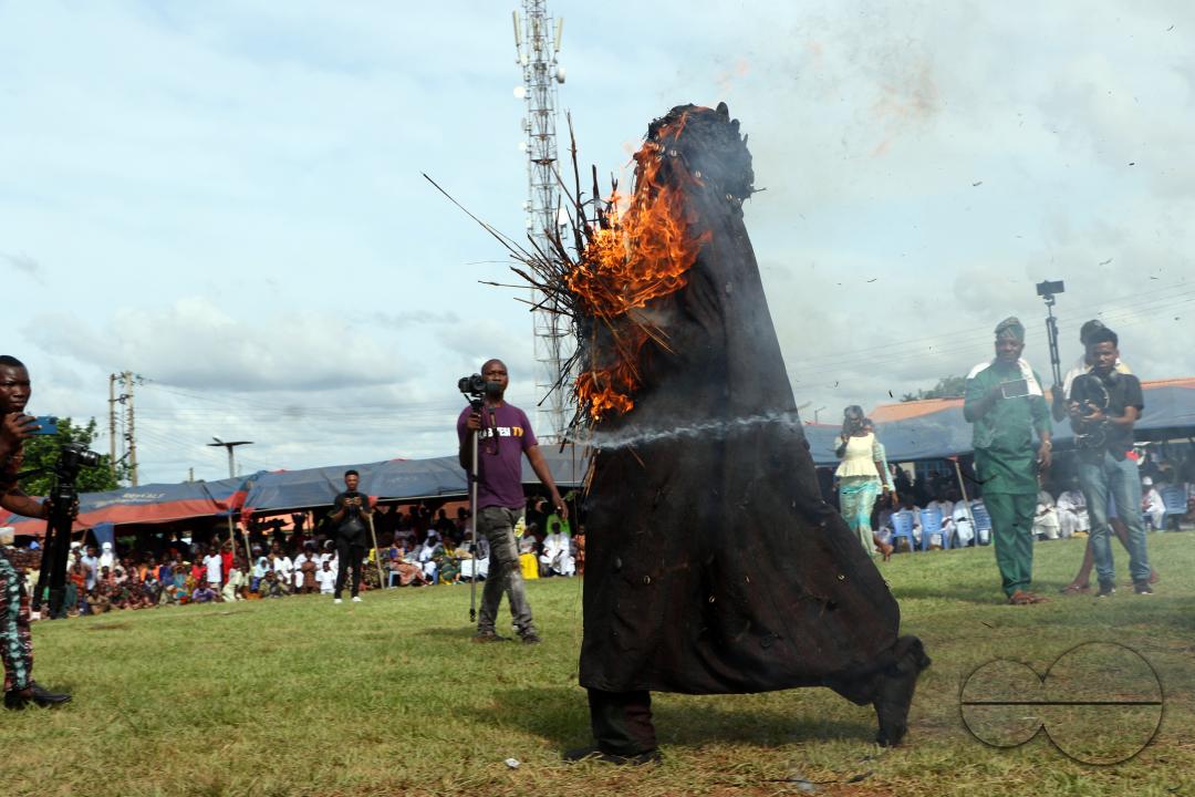 Danafojura the oldest masquerade in Oyo Kingdom, performs inside a burning fire at the World Sango Festival which is an annual festival held among the Yoruba people in honor of Sango, a thunder and fire deity who was a warrior and the third king of the O