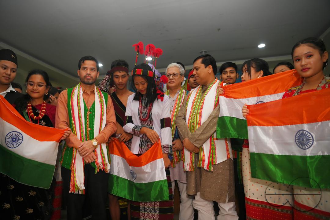 Ex Deputy CM Jishnu Dev varma, Minister of sports and youth of Tripura, Tinku Roy and Minister of Cooperation, Tribal Welfare, Sukla Charan Noatia are seen during a cultural program on the occasion of World Indigenous Day at an auditorium in Agartala