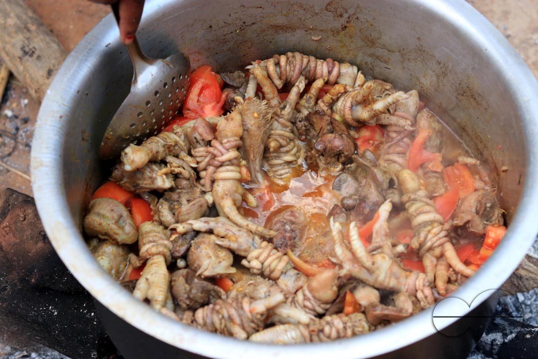 A pot of chicken stew is seen on an open fire