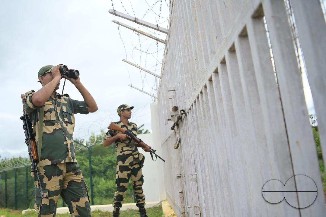 Security personals of the Border Security Force (BSF) providing tight security and patrolling the India- Bangladesh rail line in Nischinta Pur area, in precaution to the ongoing anti-quota protests in neighbouring country Bangladesh