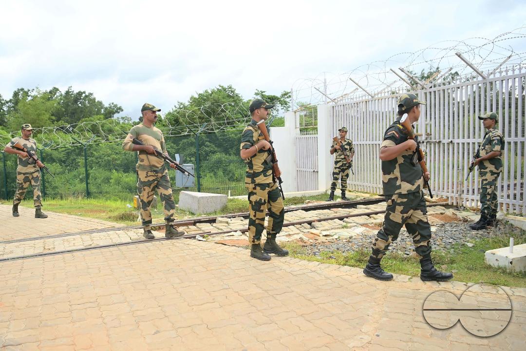 Security personals of the Border Security Force (BSF) providing tight security and patrolling the India- Bangladesh rail line in Nischinta Pur area, in precaution to the ongoing anti-quota protests in neighbouring country Bangladesh