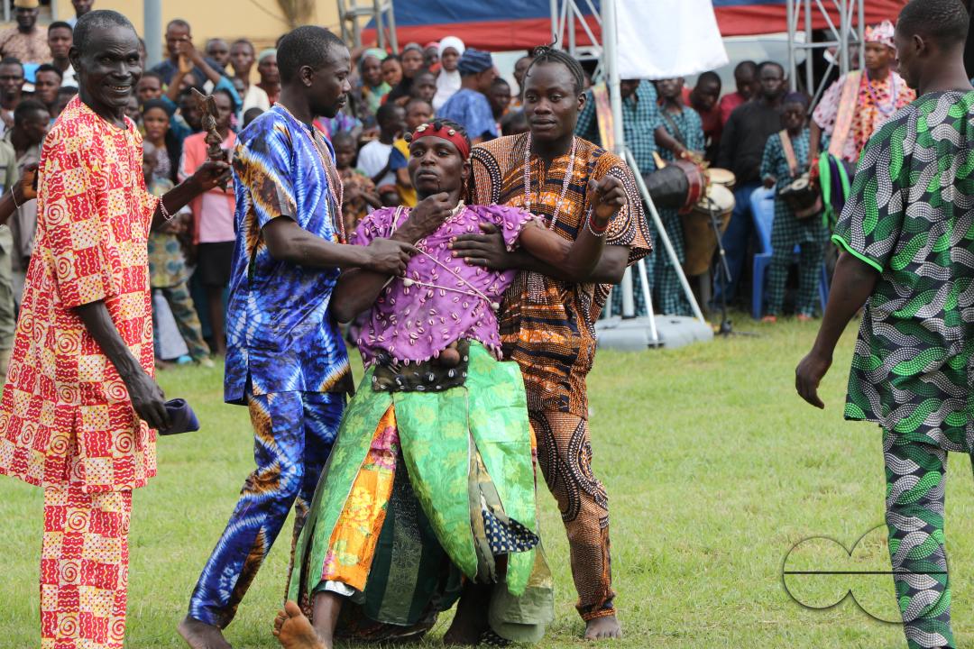 Sango worshipers perform at the World Sango Festival which is an annual festival held among the Yoruba people in honor of Sango, a thunder and fire deity who was a warrior and the third king of the Oyo Empire after succeeding Ajaka his elder brother