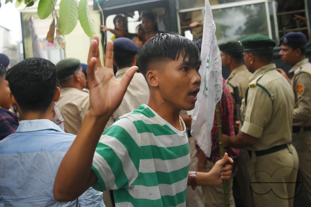 The members and supporters of the TSF (Twipra Students Federation) are protesting and demanding the introduction of Kokborok in Roman Script and passage of the 125th Constitutional Amendment Bill during their statewide 12-hour strike in Agartala