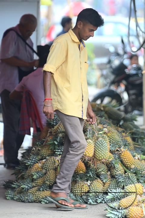 A city dweller purchases pineapple, a renowned summer fruit of Tripura, from a vendor's stall at a bustling roadside fruit market in Agartala