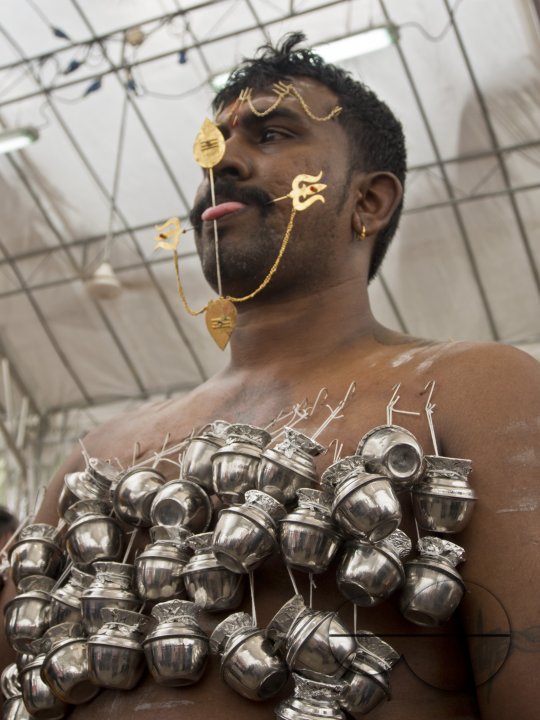 Singapore.17 January,2014. Thaipusam Hindu Tamil festival celebrated in Little India, Singapore. Some devotees have their bodies pierced with skewers