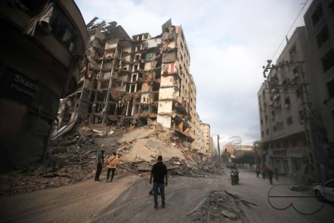 A view of destroyed buildings and debris at the al-Rimal neighborhood after Israeli airstrikes in Gaza City