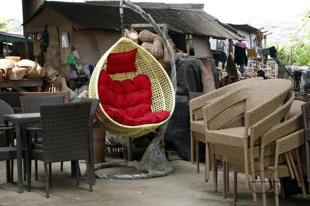 Woven household items on display at Nigeria's largest cane 'village' at Mende in the Maryland District of Lagos