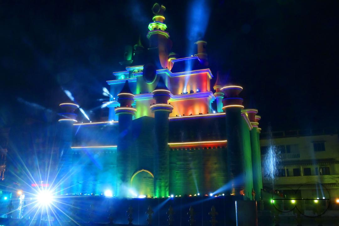 An illuminated "pandal", or temporary platform is seen where the idols of Durga are kept, and the worship of the Mother Goddess Durga is taking place during the Durga Puja festival in Agartala