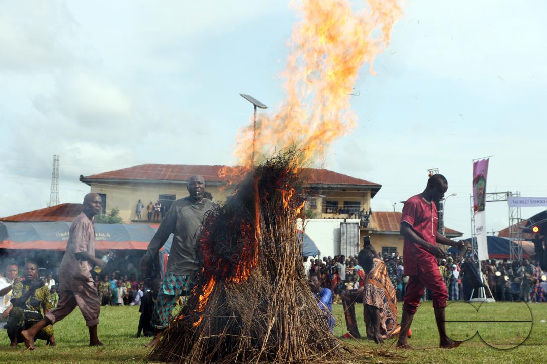 Danafojura the oldest masquerade in Oyo Kingdom, performs inside a burning fire at the World Sango Festival which is an annual festival held among the Yoruba people in honor of Sango, a thunder and fire deity who was a warrior and the third king of the O