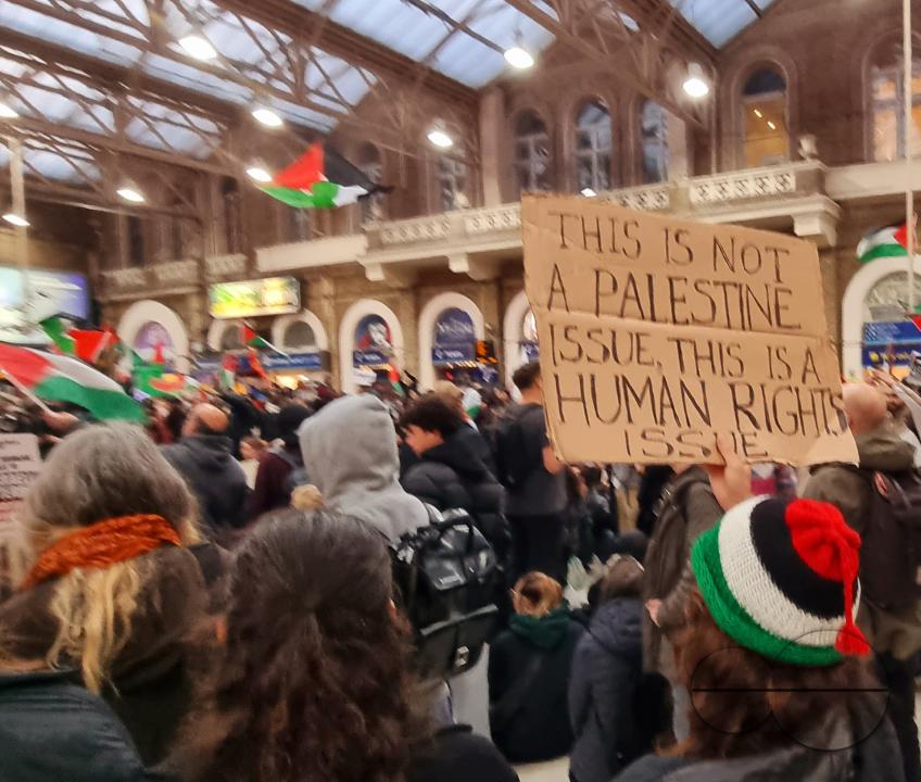 Thousands of protestors raise voices, carry placards and show their support for Palestinians, at Trafalgar Square, central London