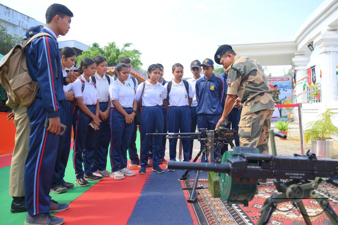 Students at Tripura University are attending a weapon display organized by the 43rd Battalion of the Border Security Force (BSF), Gokulnagar, Sepahijala, on the occasion of the 60th BSF Raising Day at Tripura University