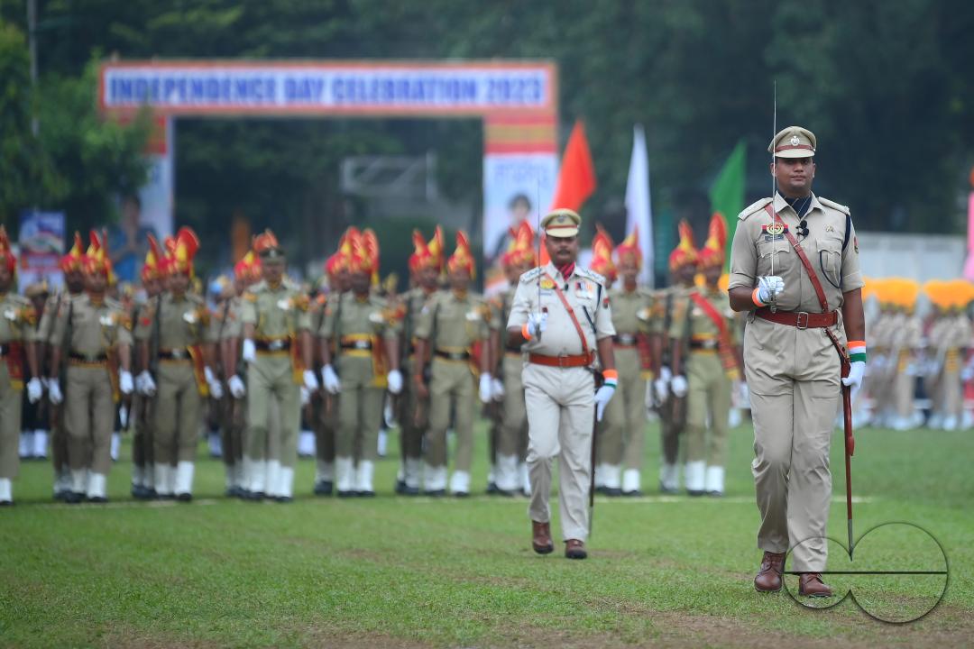Soldiers of different platoons at the 77th Independence Day parade at the Assam Rifles ground in Agartala