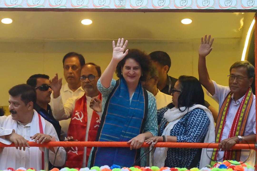 Congress leader Priyanka Gandhi Vadra joins forces with leaders of the Indian Joint Opposition, including Congress and CPIM members, in a vibrant roadshow, gearing up for the imminent Lok Sabha elections