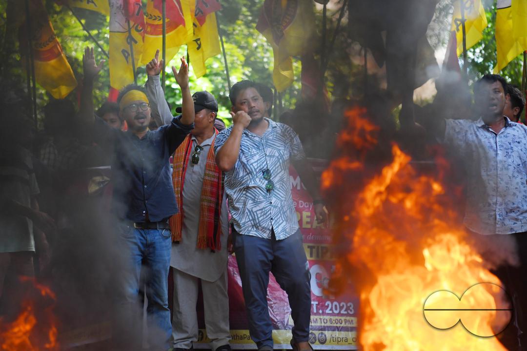 The âTipraha Indigenous Progressive Regional Alliance (TIPRA)ââ supporters raise slogans demanding a separate Greater Tipraland state for tribals, in Bermuda Ashram Para