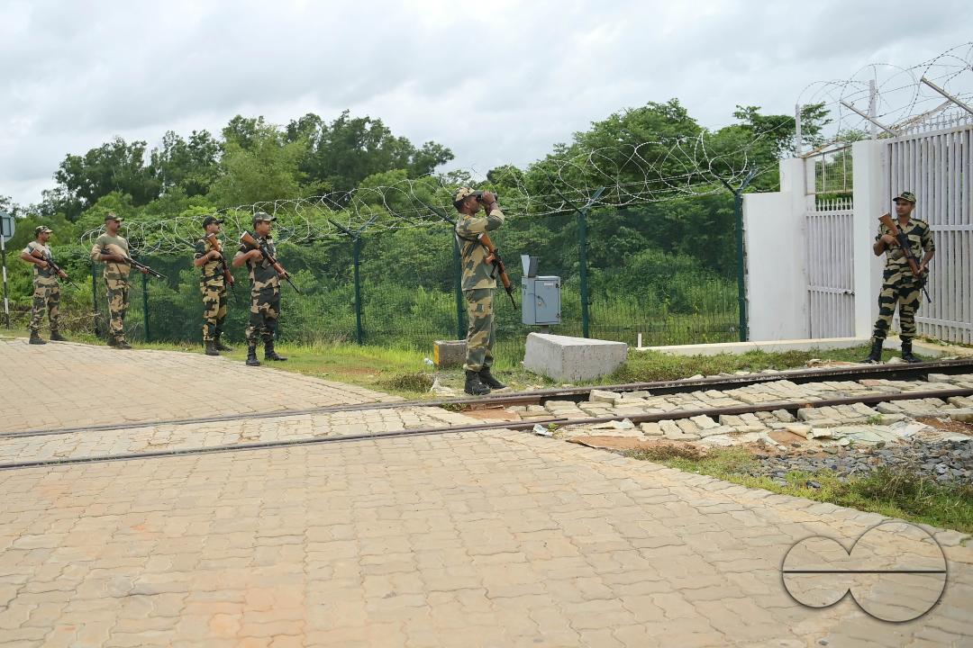 Security personals of the Border Security Force (BSF) providing tight security and patrolling the India- Bangladesh rail line in Nischinta Pur area, in precaution to the ongoing anti-quota protests in neighbouring country Bangladesh