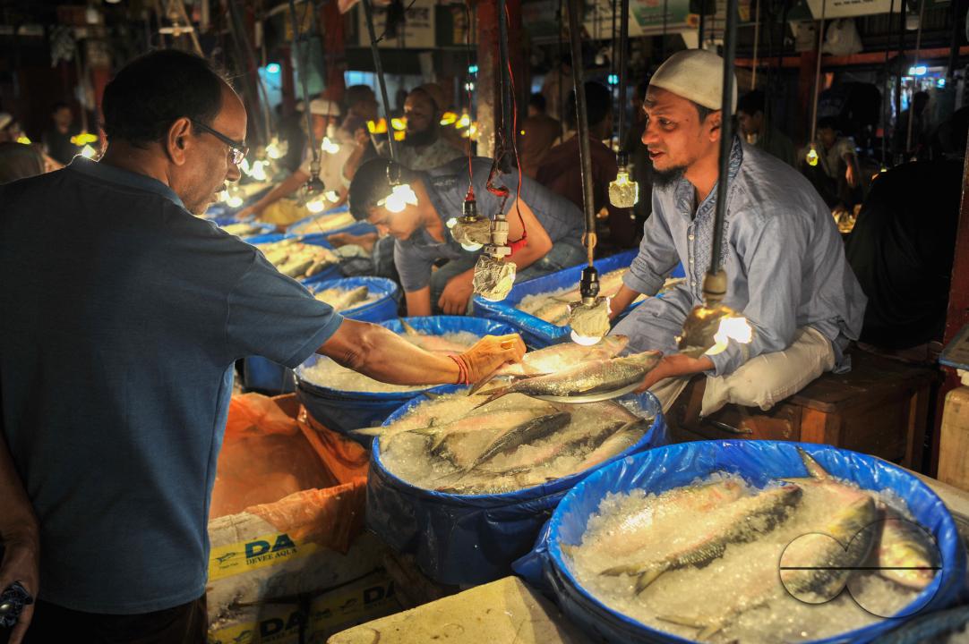 People buy Hilsa fish at the Lalbazar fish market in Sylhet city
