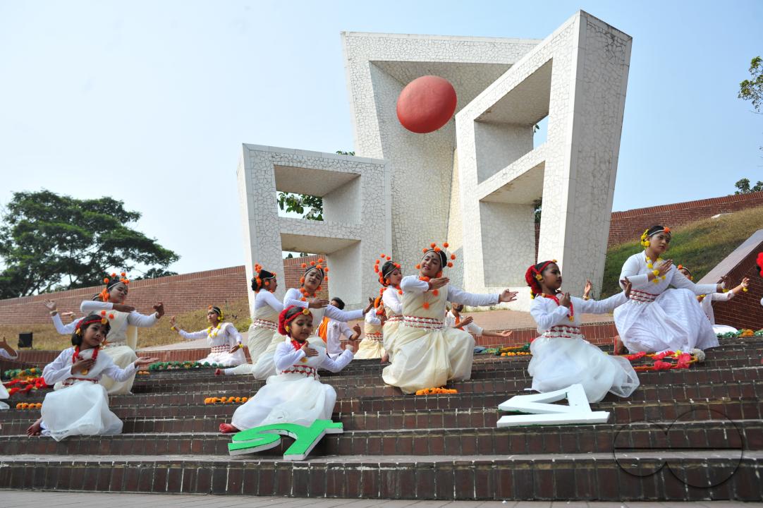 Dancers preparing for a performance for Language Month at Sylhet Central Shaheed Minar which was celebrated with an alphabet procession in Sylhet