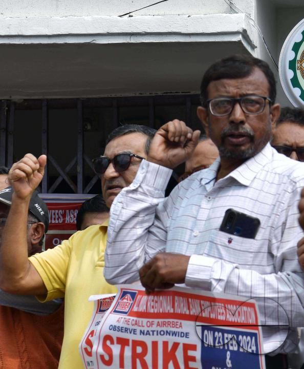 Gramin Bank employees protesting in front of Gramin Bank during a nationwide strike in Agartala