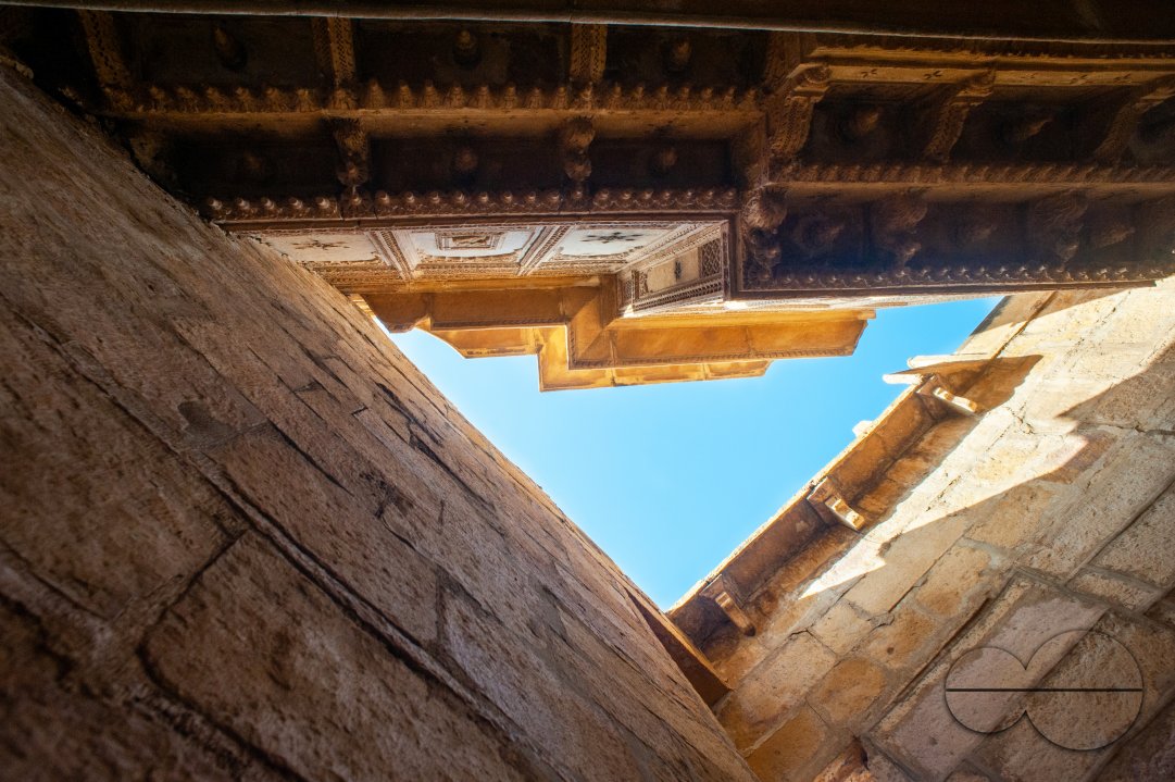 A triangle of blue sky from inside the golden fort, Jaisalmer.