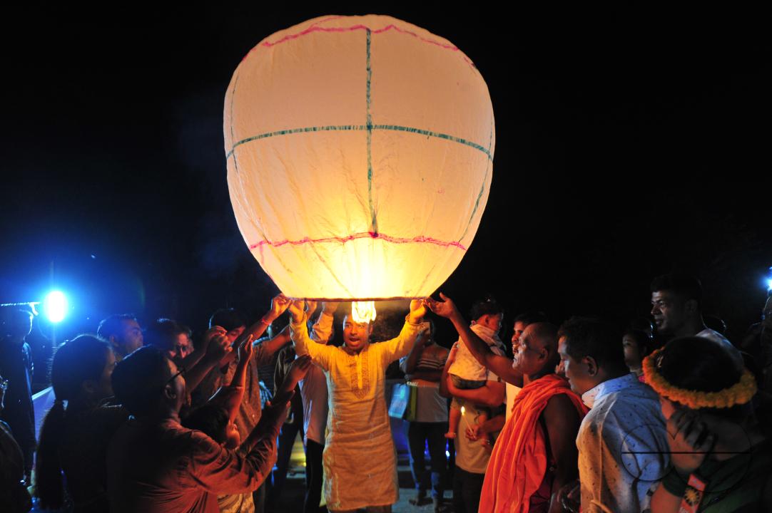 Buddhists religious followers are lighting fire sparks to celebrate Prabarana Purnima 2023 at Buddhist temples in Sylhet