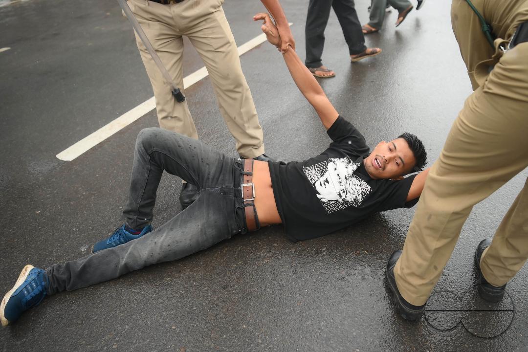 The members and supporters of the TSF (Twipra Students Federation) are protesting and demanding the introduction of Kokborok in Roman Script and passage of the 125th Constitutional Amendment Bill during their statewide 12-hour strike in Agartala