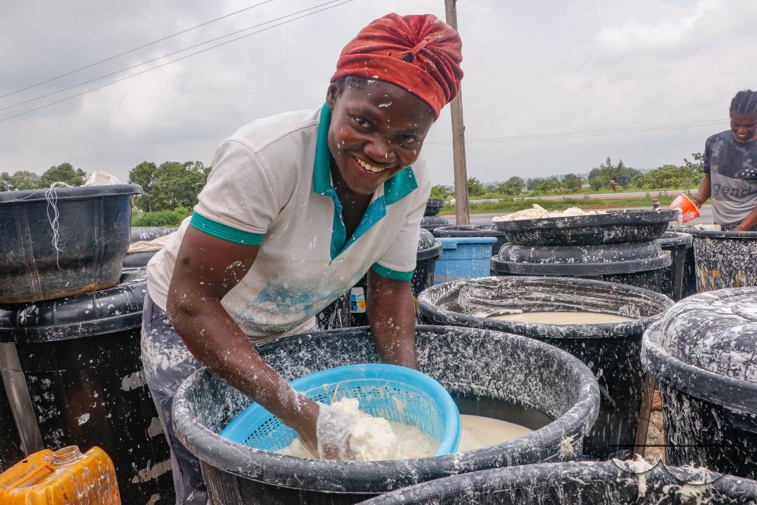 Females in Abuja are struggling and making strides in a local cassava processing factory under difficult conditions to produce flour as they wash out chaff from fermented cassava
