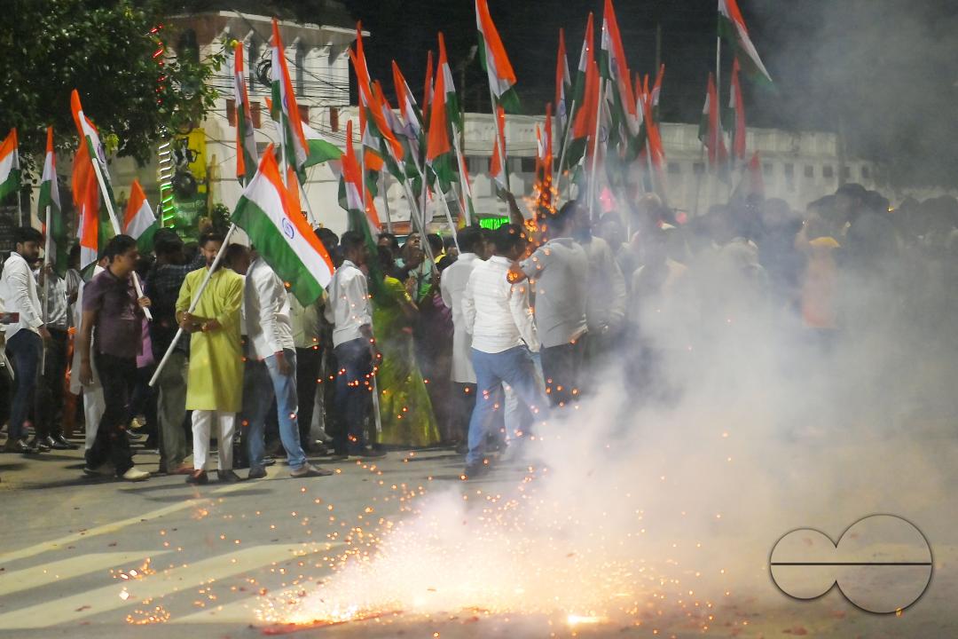 BJP party leaders, workers and the general public celebrate the successful lunar landing of the Chandrayaan-3 spacecraft on the south pole of the Moon, in Agartala