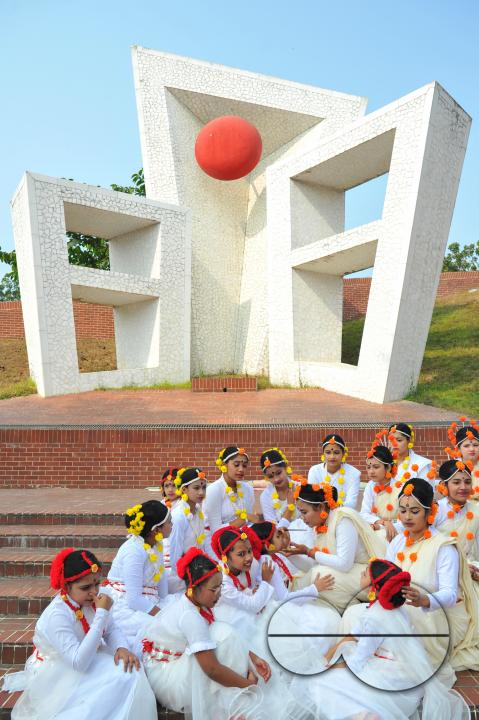 Dancers preparing for a performance for Language Month at Sylhet Central Shaheed Minar which was celebrated with an alphabet procession in Sylhet