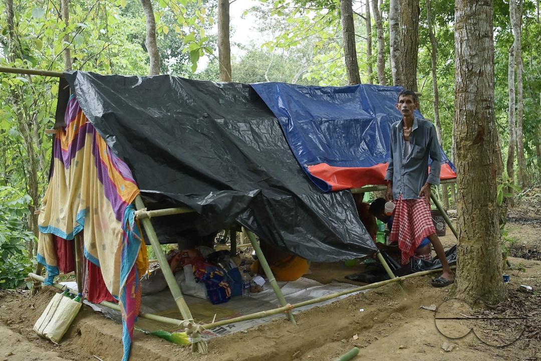 Makeshift tents at the Panisagar's reserve forest area