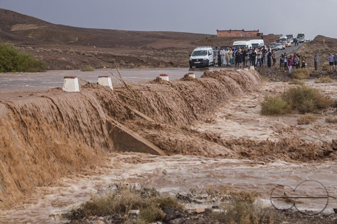 Flash flooding in Merzouga, a small Moroccan town in the Sahara Desert, near the Algerian border