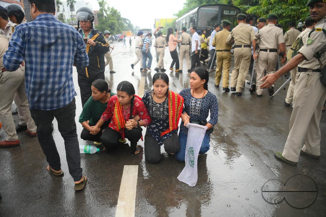 The members and supporters of the TSF (Twipra Students Federation) are protesting and demanding the introduction of Kokborok in Roman Script and passage of the 125th Constitutional Amendment Bill during their statewide 12-hour strike in Agartala