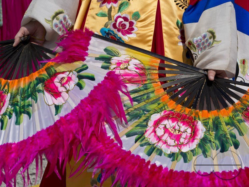 Korean traditional folk group dancing in a the Chingay festival in Singapore
