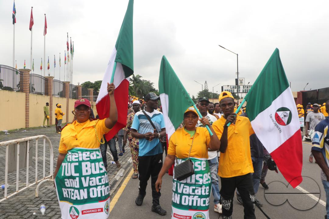 Members of  the Trade Union Congress (TUC) and the Road Transport Employers Association of Nigeria, RTEAN gather to protest against the ban on RTEAN operations by the Lagos state government in Ikeja, Lagos, Nigeria.