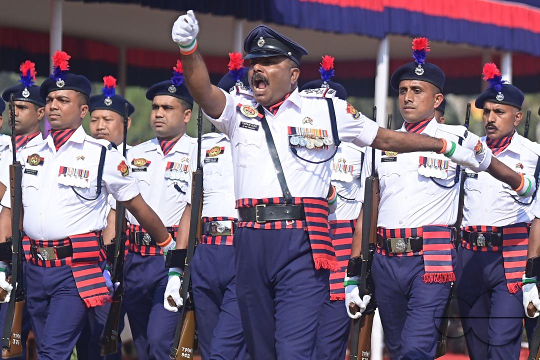 Police officials at a parade in celebration of 150 years of Tripura Police Week at the stadium of A.D