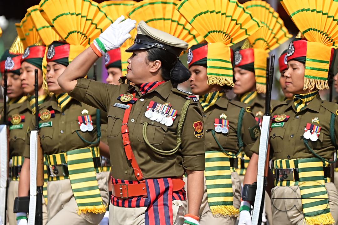 Police officials at a parade in celebration of 150 years of Tripura Police Week at the stadium of A.D