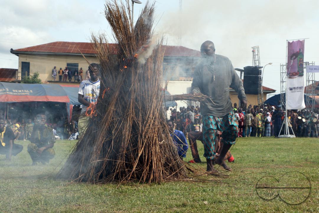 Danafojura the oldest masquerade in Oyo Kingdom, performs inside a burning fire at the World Sango Festival which is an annual festival held among the Yoruba people in honor of Sango, a thunder and fire deity who was a warrior and the third king of the O