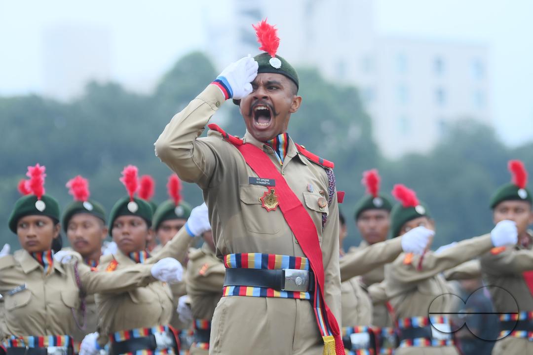Soldiers of different platoons at the 77th Independence Day parade at the Assam Rifles ground in Agartala