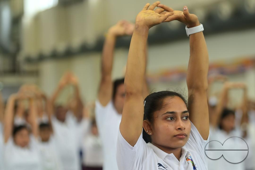 Padmashree awardee Olympian Dipa Karmakar performing yoga during 10th International Day of Yoga at the International Exhibition Ground in Agartala