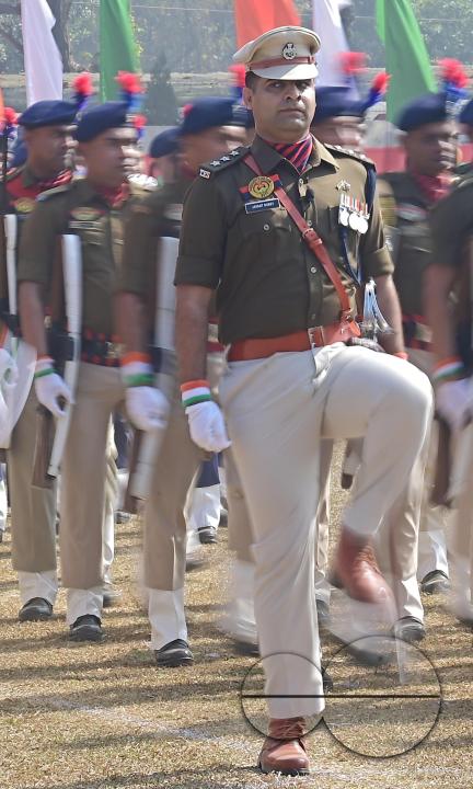 Police officials at a parade in celebration of 150 years of Tripura Police Week at the stadium of A.D
