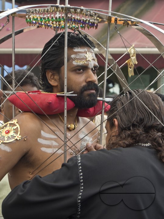 Singapore.17 January,2014. Thaipusam Hindu Tamil festival celebrated in Little India, Singapore. Some devotees have their bodies pierced with skewers