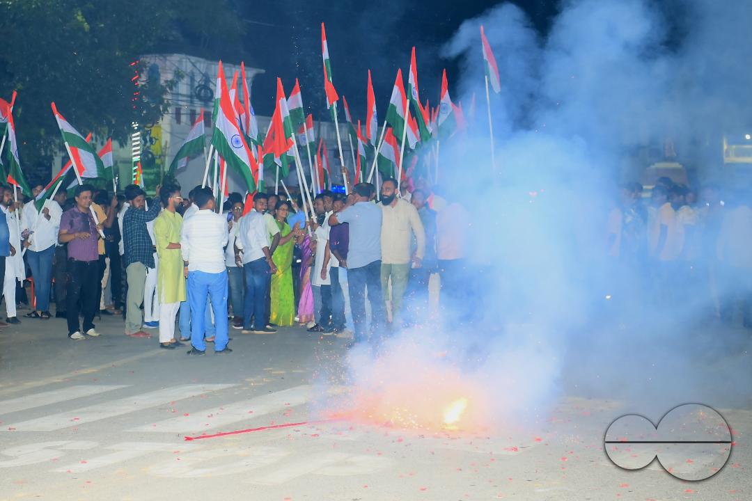 BJP party leaders, workers and the general public celebrate the successful lunar landing of the Chandrayaan-3 spacecraft on the south pole of the Moon, in Agartala