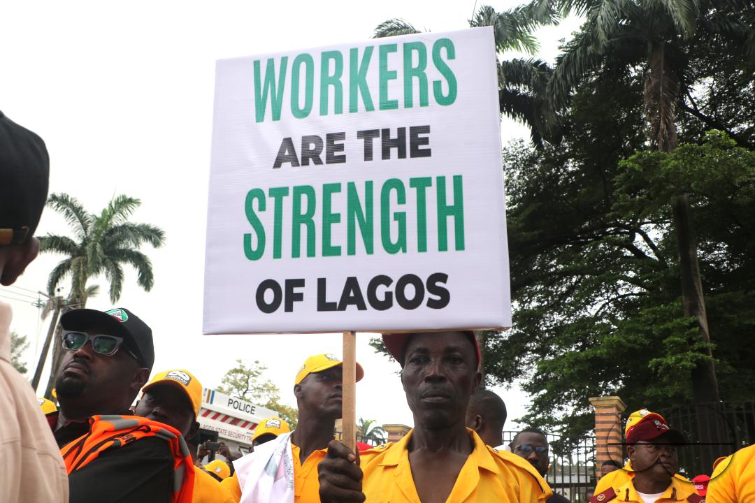 Members of  the Trade Union Congress (TUC) and the Road Transport Employers Association of Nigeria, RTEAN gather to protest against the ban on RTEAN operations by the Lagos state government in Ikeja, Lagos, Nigeria.