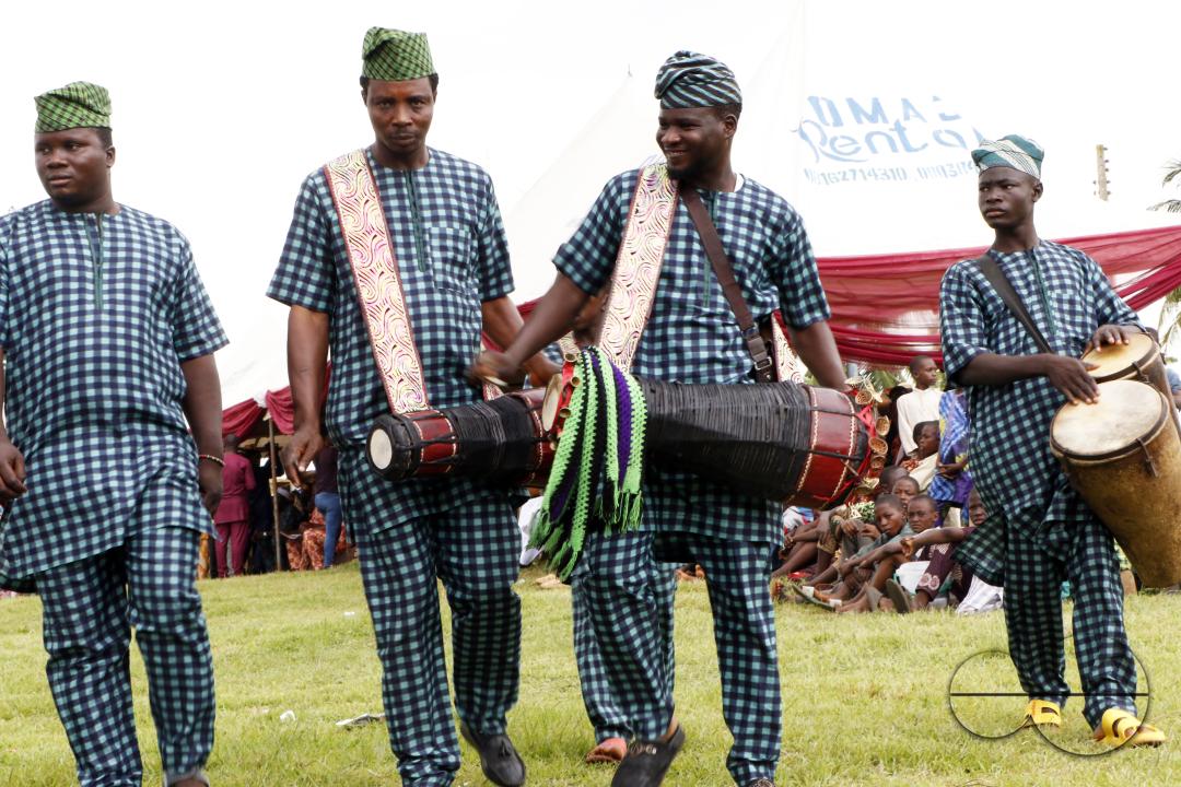 Traditional drummers at the World Sango Festival which is an annual festival held among the Yoruba people in honor of Sango, a thunder and fire deity who was a warrior and the third king of the Oyo Empire after succeeding Ajaka his elder brother