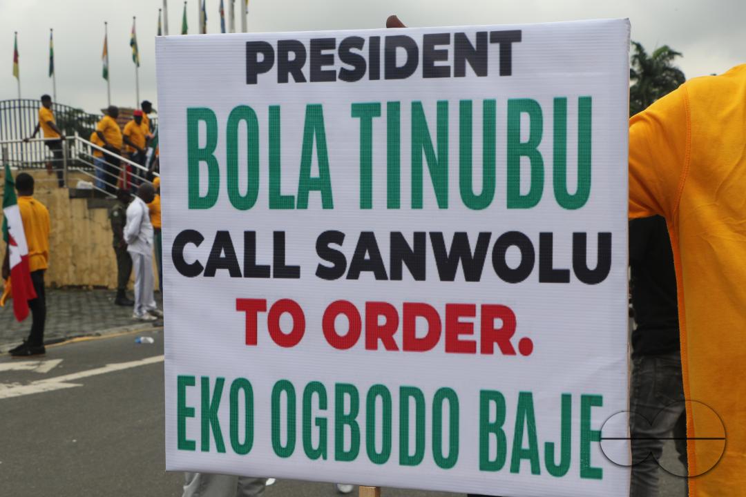 Members of  the Trade Union Congress (TUC) and the Road Transport Employers Association of Nigeria, RTEAN gather to protest against the ban on RTEAN operations by the Lagos state government in Ikeja, Lagos, Nigeria.