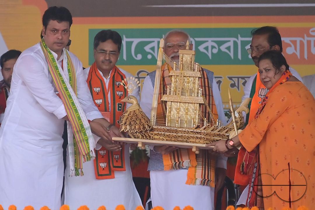 Prime Minister Narendra Modi is felicitated by Tripura Chief Minister Dr