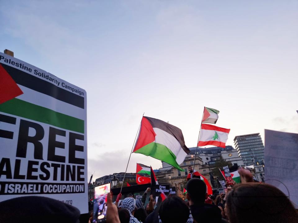 Thousands of protestors raise voices, carry placards and show their support for Palestinians, at Trafalgar Square, central London
