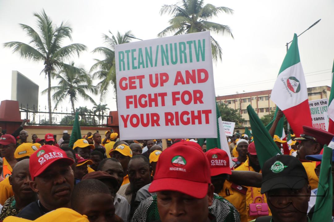 Members of  the Trade Union Congress (TUC) and the Road Transport Employers Association of Nigeria, RTEAN gather to protest against the ban on RTEAN operations by the Lagos state government in Ikeja, Lagos, Nigeria.