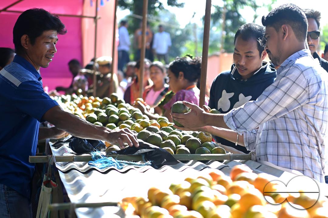 People are buying oranges during the Orange Festival in Taibaglai Village (Killa) organized by the Agriculture and Farmers Welfare of Tripura